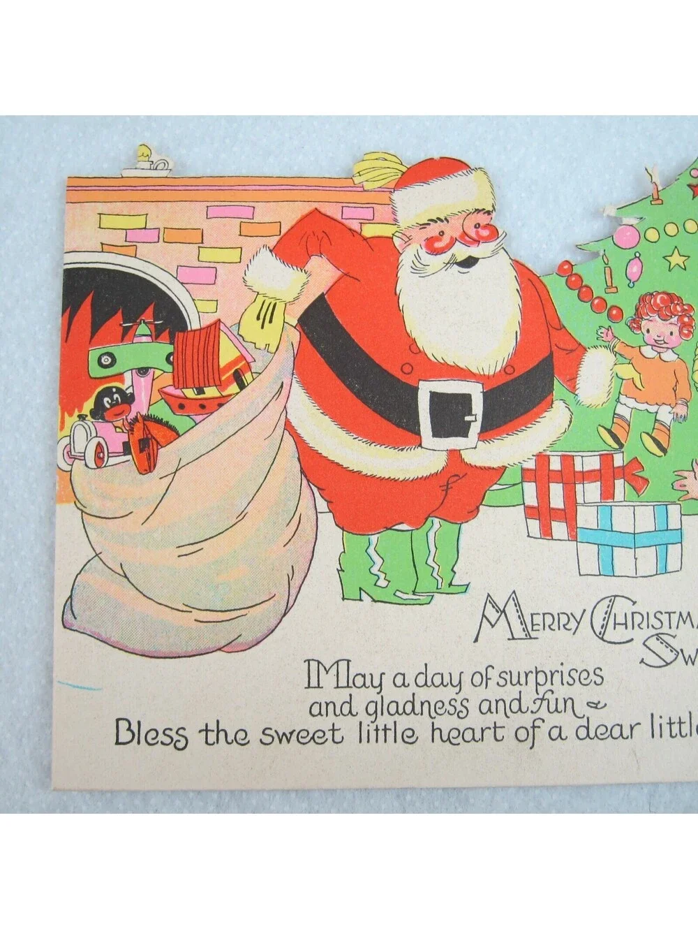 Vintage Christmas Card & Envelope Kewpie Style Girl & Santa Toys Tree Fireplace
